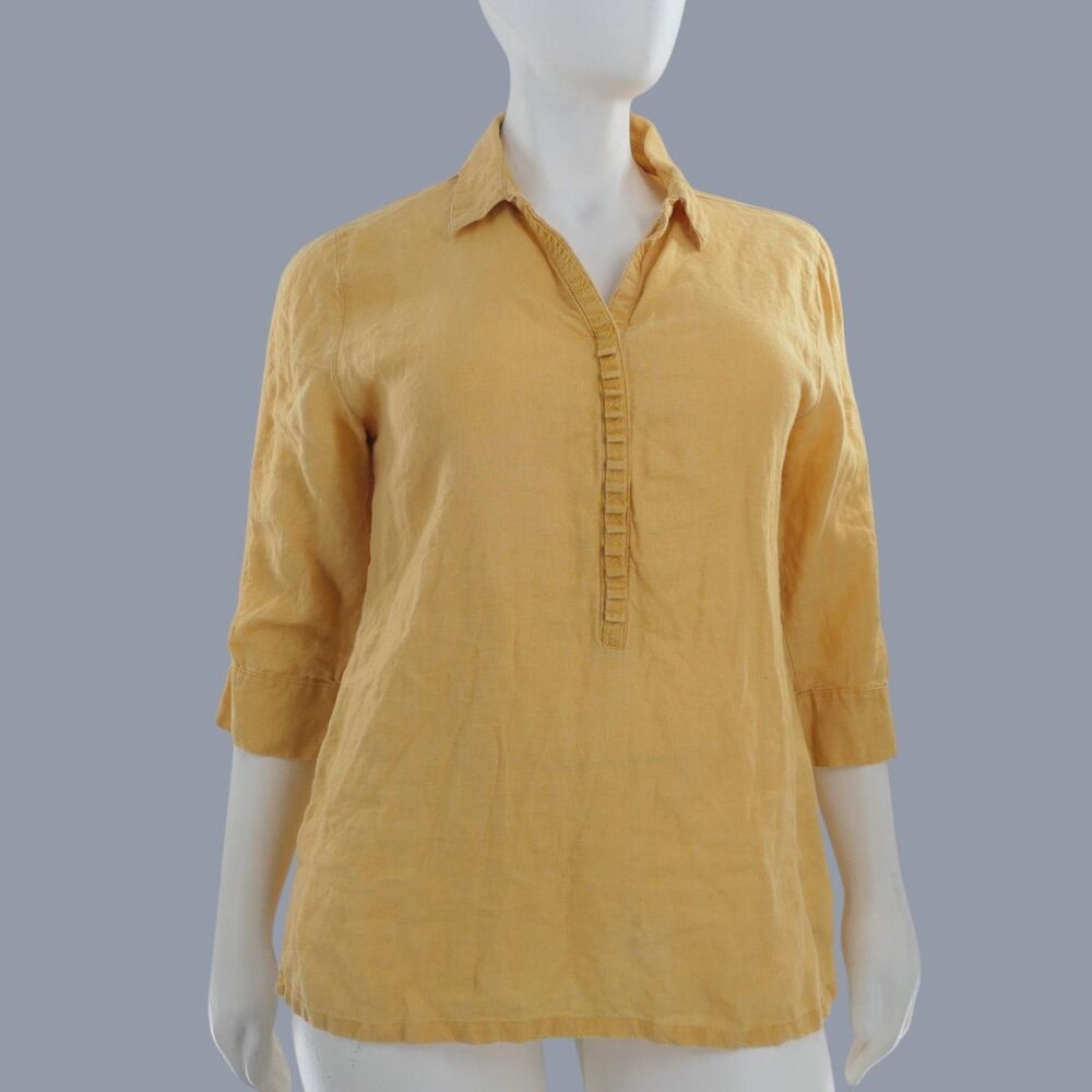 Chico's Sz 2 Sz L 100% Linen Yellow Blouse Tunic Collared Resort Natural Resort